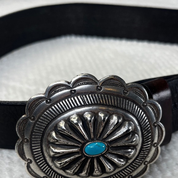 Lauren Ralph Lauren Black Leather Western Concho Belt Turquoise Stone Size M - Picture 2 of 12